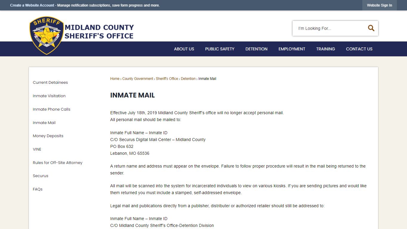 Inmate Mail | Midland County, TX